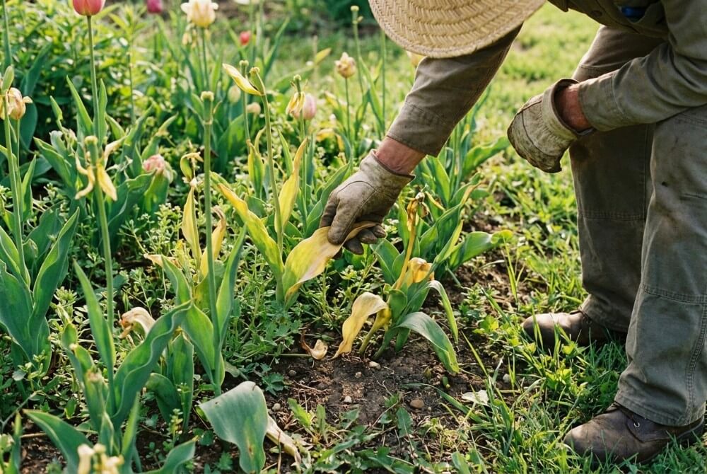 Ogrodnik na rabacie sprawdzający stan żółknących liści tulipanów, aby ocenić właściwy termin wykopania cebulek.