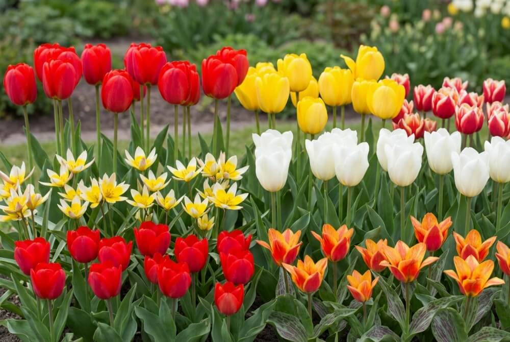 Rzędy kwitnących tulipanów różnych odmian i kolorów na jednej rabacie, pokazujące różnice w wysokości i kształcie kwiatów.