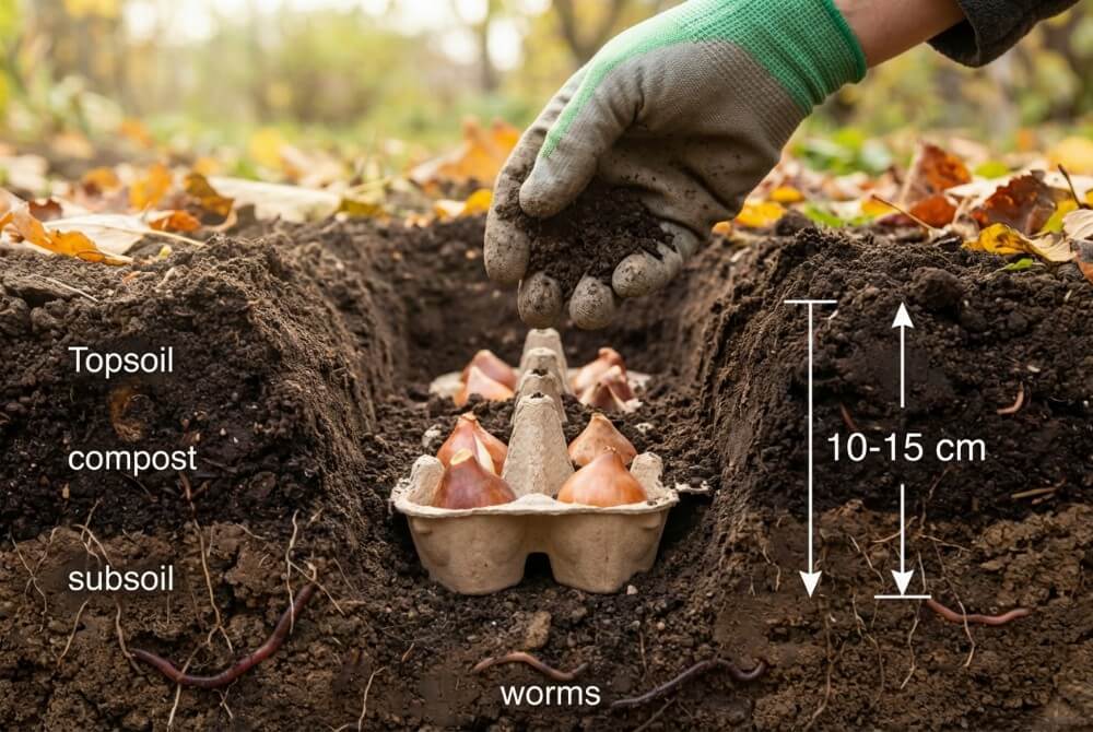 Przekrój rabaty ogrodowej z wkopaną kartonową wytłaczanką pełną cebulek tulipanów, na które ogrodnik nasypuje ziemię.