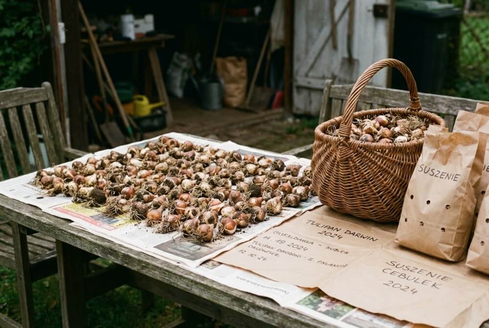 Zbliżenie na cebulki tulipanów rozłożone w jednej warstwie na stole do suszenia, obok kosz wiklinowy i papierowe worki w półcieniu.