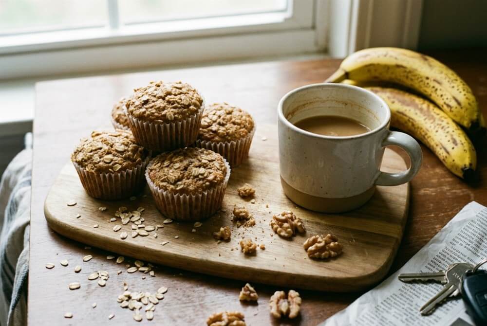 Bananowe muffinki owsiane na desce, obok kubek kawy, płatki owsiane i dojrzałe banany.