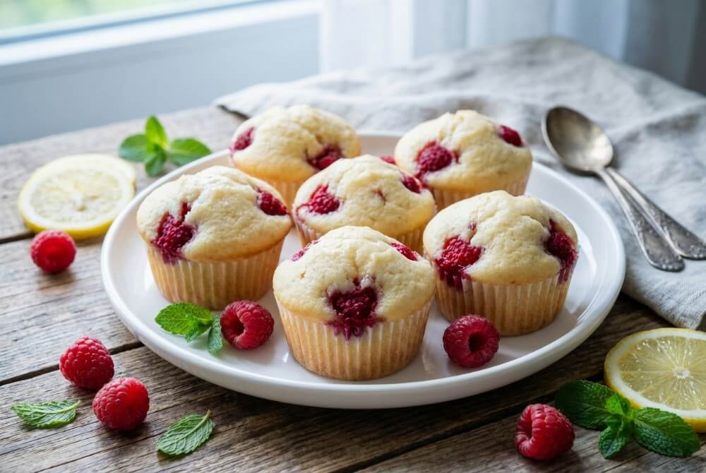 Jogurtowe muffinki z malinami na talerzu, otoczone świeżymi malinami i plasterkami cytryny.