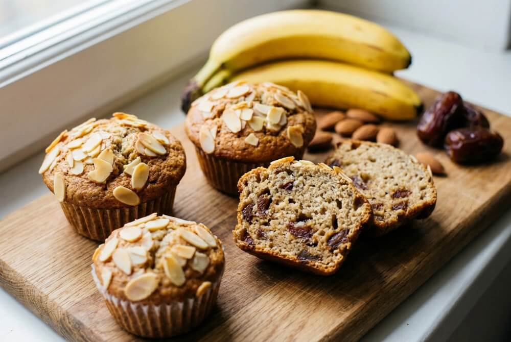 Muffinki bananowo-daktylowe z migdałami na desce, jedna przekrojona, wokół banany, daktyle i garść migdałów.