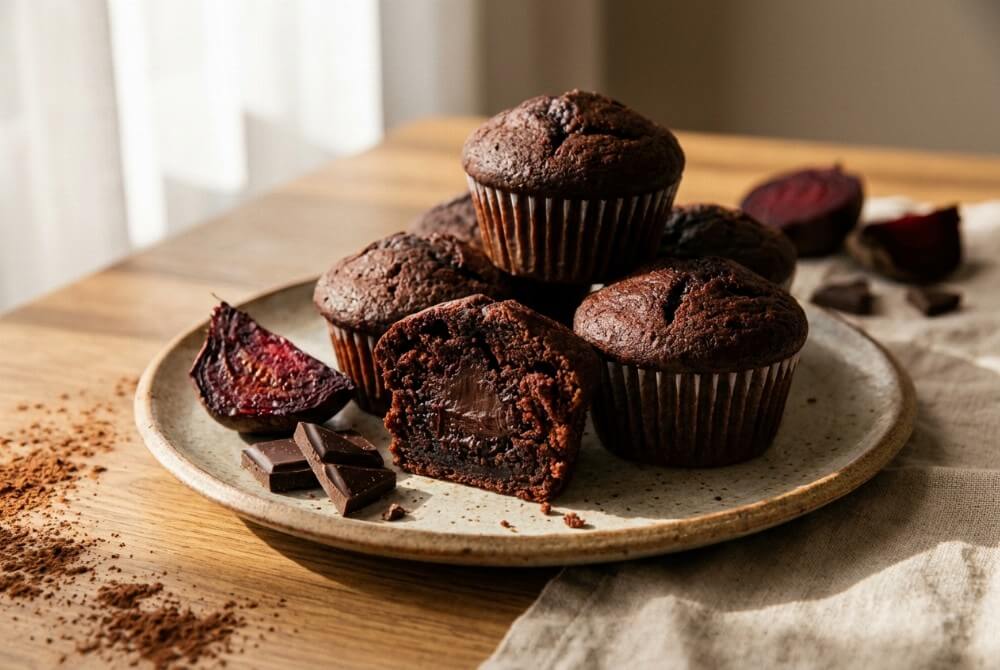 Ciemne muffinki czekoladowe z burakiem, jedna przekrojona z wilgotnym środkiem, obok kostki czekolady i kawałek buraka.