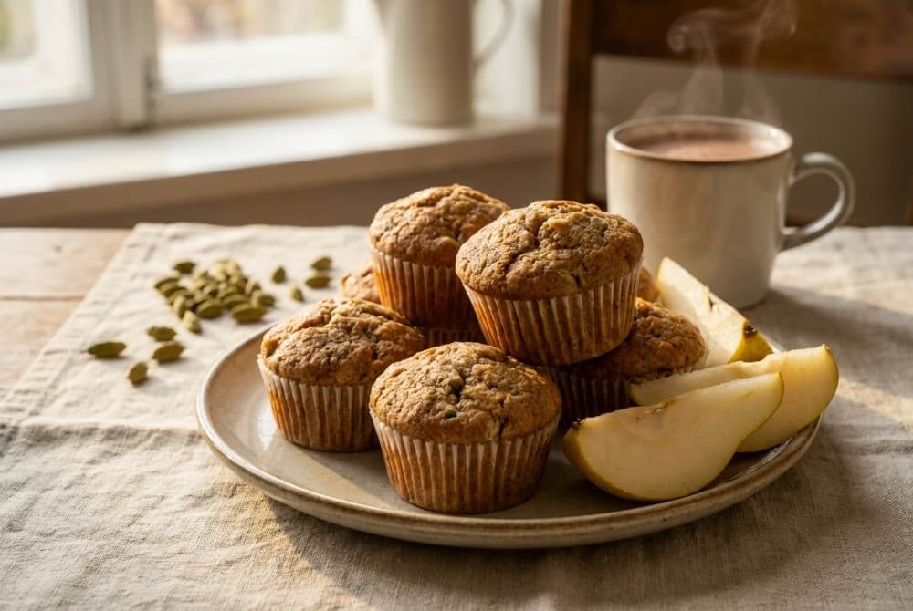 Muffinki gruszkowe z kardamonem na talerzu, obok plasterki gruszki, kardamon i kubek gorącego napoju.
