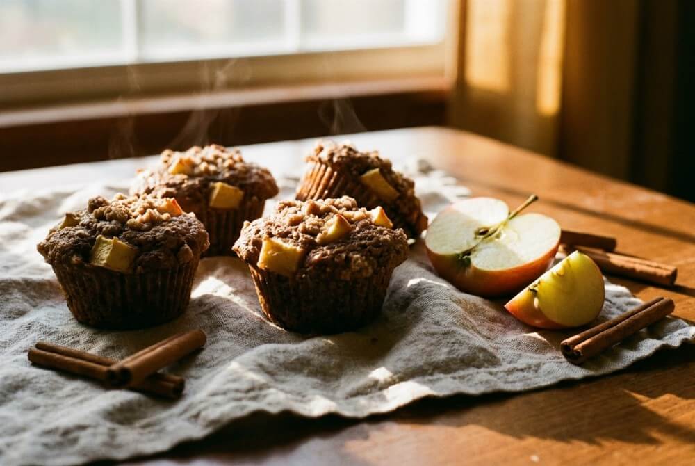 Pełnoziarniste muffinki jabłkowo-cynamonowe na ściereczce, z boku kawałki jabłka i laski cynamonu.