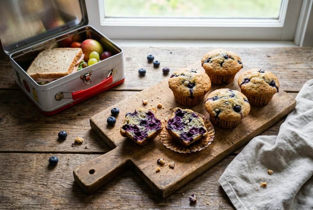 Muffinki jagodowo-borówkowe na drewnianym stole, jedna przekrojona, obok kolorowy lunchbox dla dziecka.