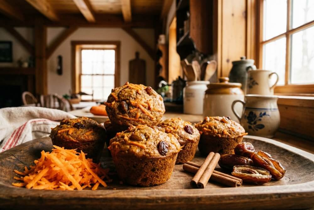 Muffinki marchewkowe bez cukru na rustykalnej tacy, otoczone startą marchwią, daktylami i laskami cynamonu.