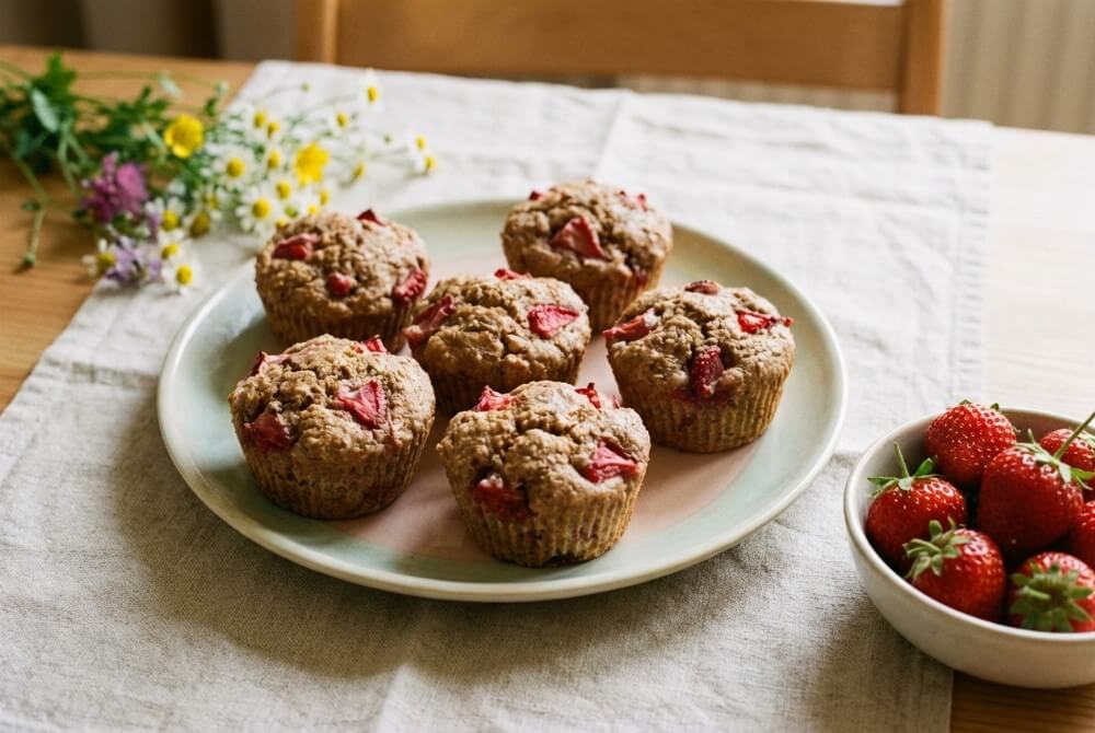 Orkiszowe muffinki truskawkowe na talerzu, obok miseczka ze świeżymi truskawkami w letniej aranżacji
