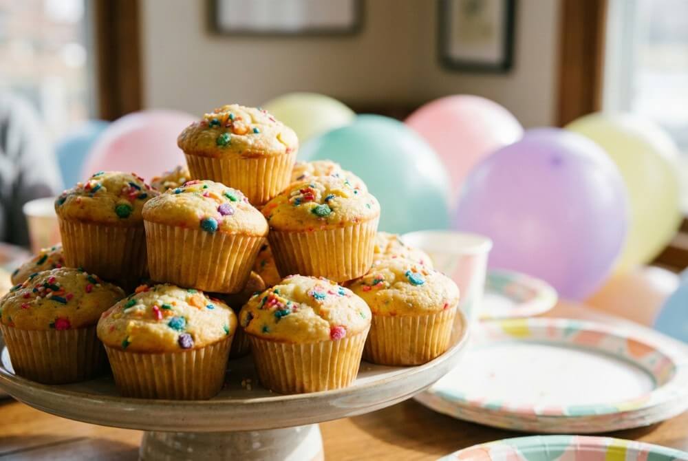Waniliowe muffinki z kolorową posypką na paterze, w tle rozmyte dekoracje urodzinowe.