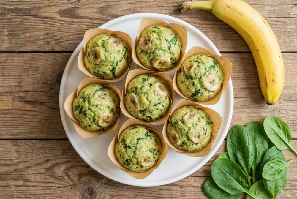 Zielone muffinki szpinakowo-bananowe na białym talerzu, obok banan i liście świeżego szpinaku.