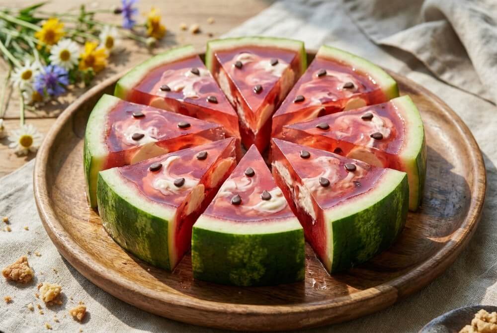 Trójkątne plastry arbuza wypełnionego czerwoną galaretką z czekoladowymi pestkami na tacy.