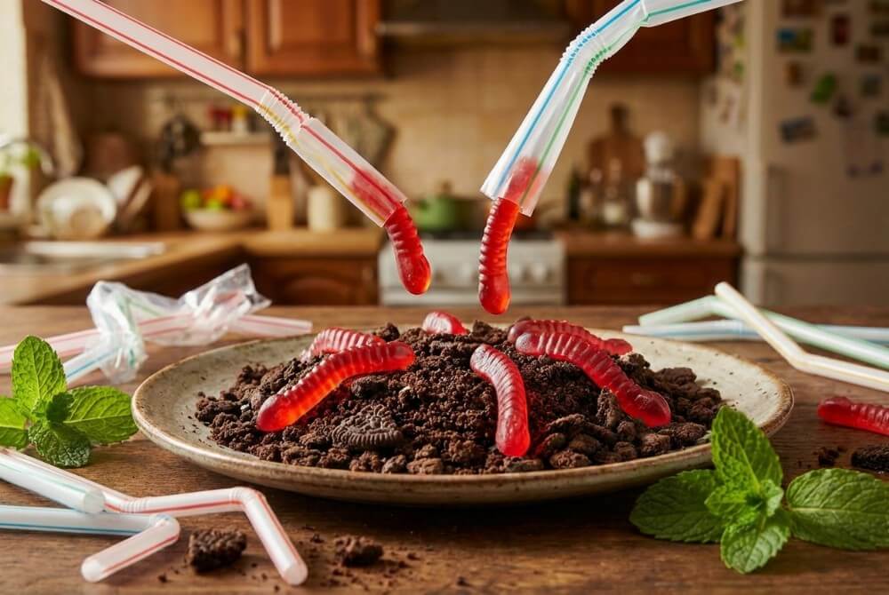 Czerwone galaretkowe „robaki” na kruszonej kakaowej ziemi z listkami mięty i słomkami w tle.