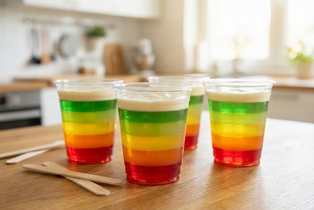 Tęczowe warstwowe kubeczki z galaretką i jogurtem na drewnianym stole, obok patyczki do lodów.