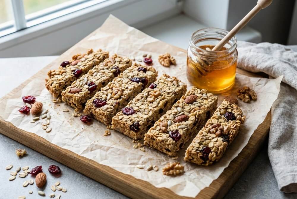 Domowe batoniki owsiane z miodem, żurawiną i orzechami na papierze.