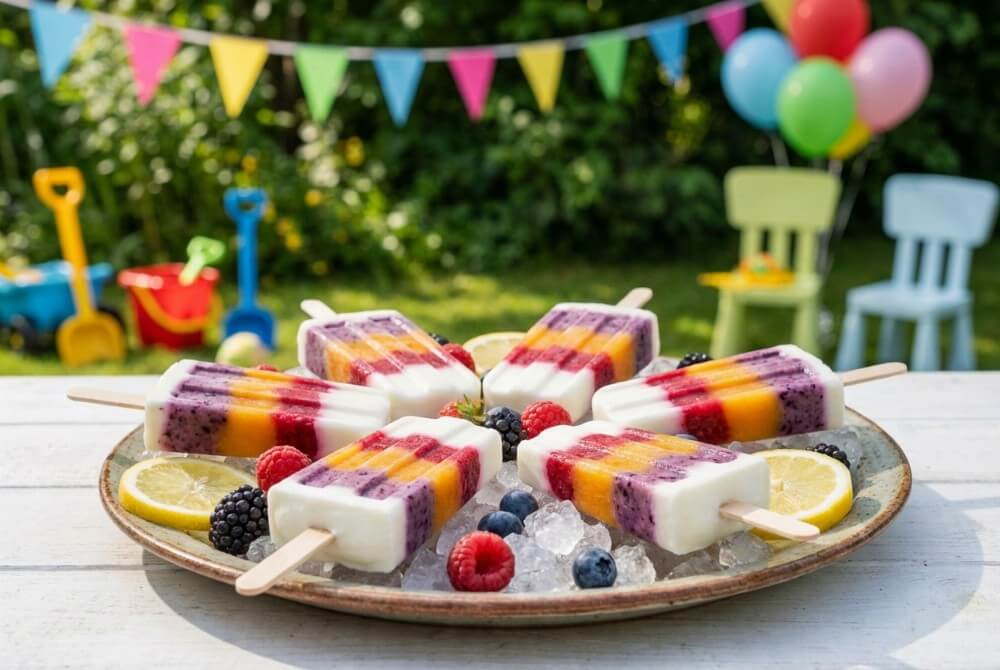 Jogurtowe lody owocowe na patyku w kolorowych warstwach na kostkach lodu.