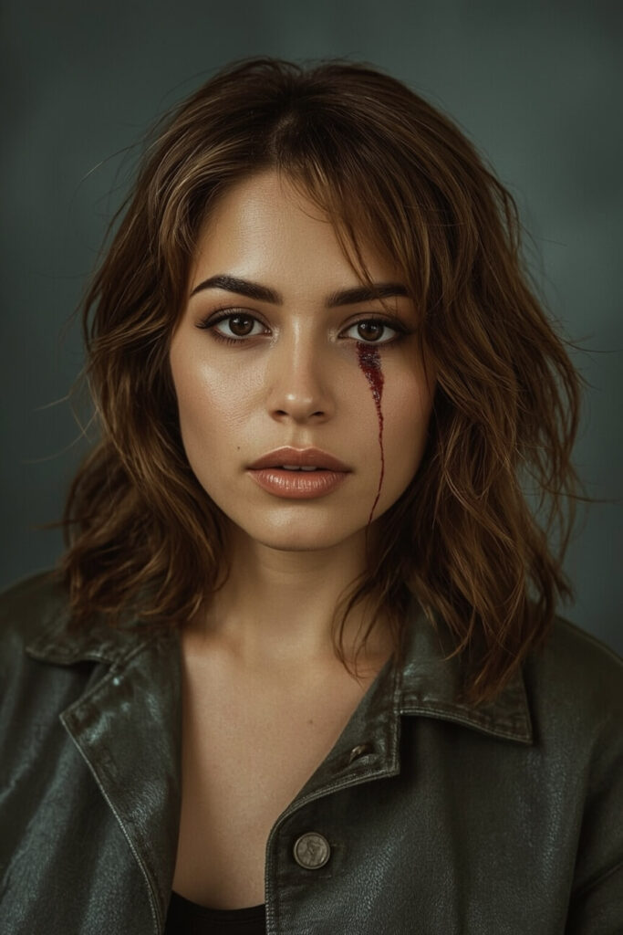 Minimalistyczny makijaż na halloween z krwawą raną