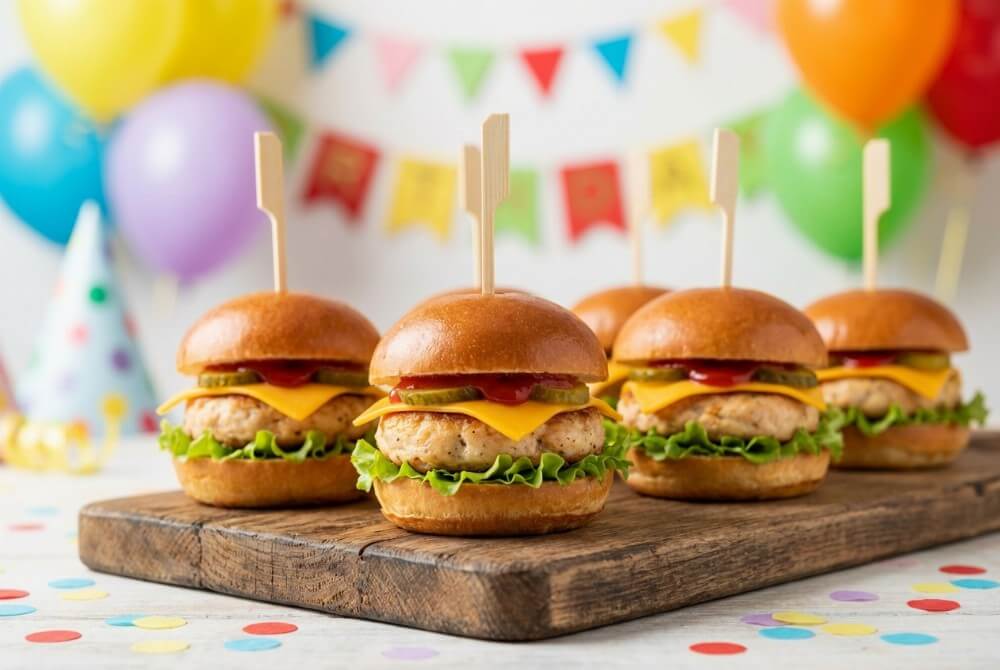 Mini burgery z klopsikami drobiowymi, sałatą i serem na desce.