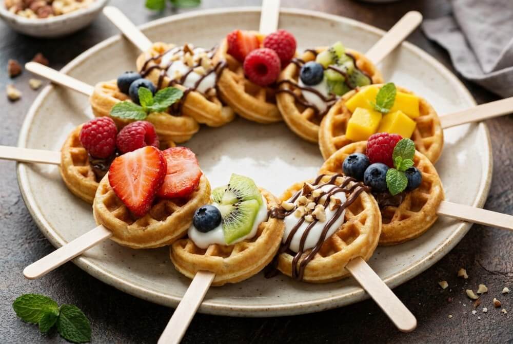 Mini gofry na patyku udekorowane świeżymi owocami.