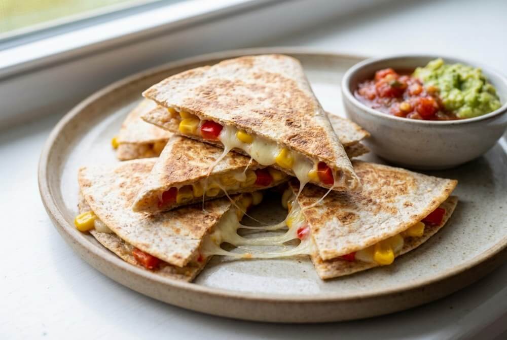 Mini quesadille z serem i kukurydzą pokrojone w trójkąty.