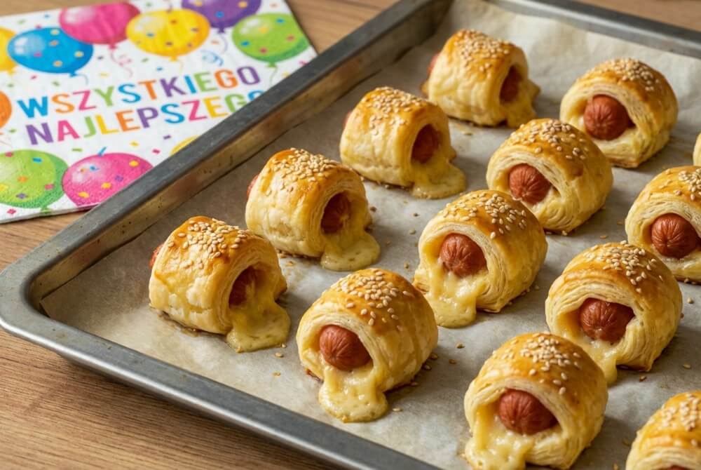 Parówki w cieście francuskim z serem i sezamem upieczone na złoto.