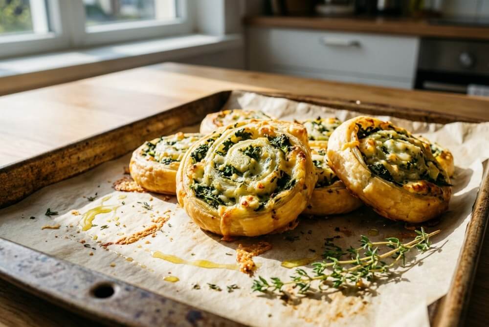 Ślimaczki z ciasta francuskiego ze szpinakiem i fetą upieczone na złocisto.