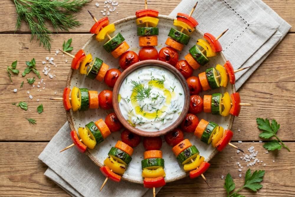 Kolorowe warzywne szaszłyki z dipem czosnkowo-jogurtowym na półmisku.