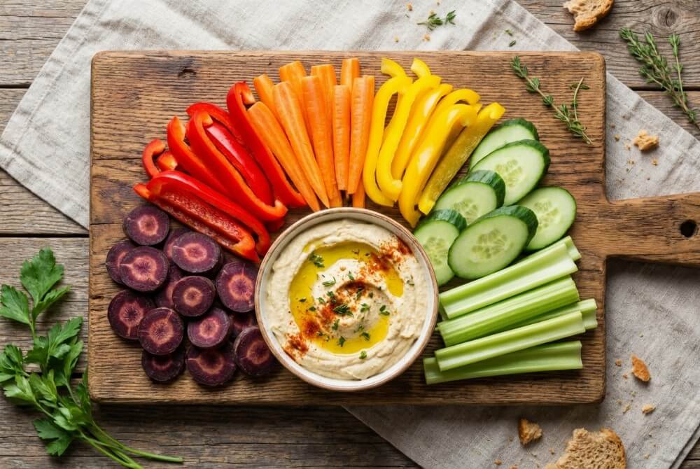 Deska z warzywną tęczą i miseczką hummusu pośrodku.