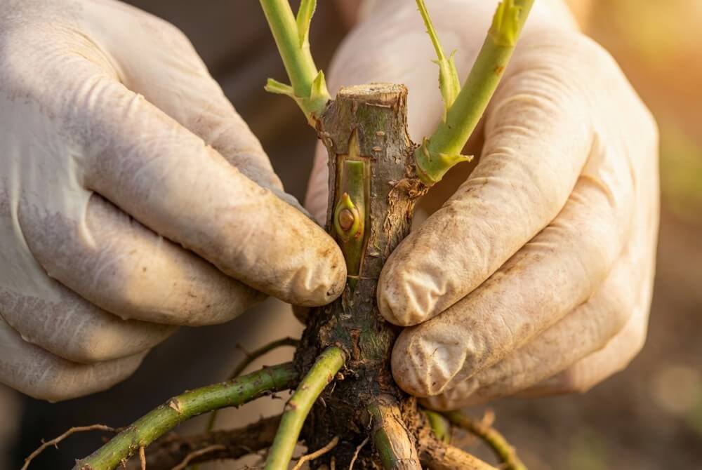 Zbliżenie na dłonie ogrodnika szczepiącego różę metodą okulizacji, wprowadzające oczko szlachetnej odmiany pod korę podkładki tuż nad ziemią.