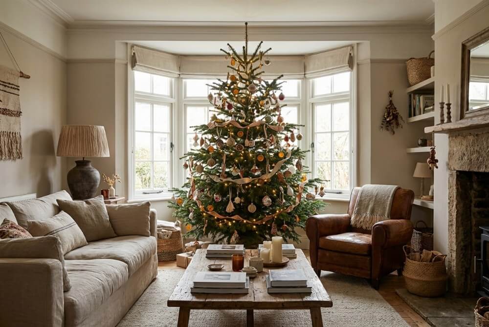 Choinka ustawiona jako centralny punkt salonu, widoczna, ale nieprzeszkadzająca w codziennym użytkowaniu pomieszczenia.