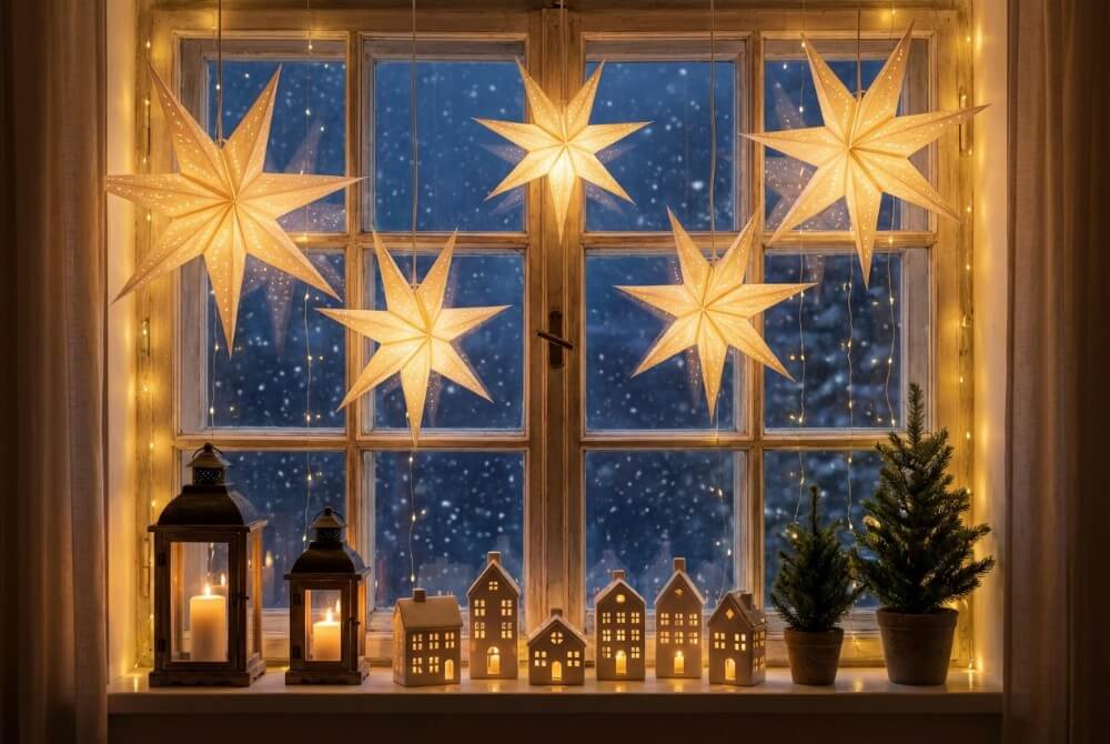 Świąteczna dekoracja okna z papierowymi gwiazdami, ceramicznymi domkami i latarenkami na parapecie.