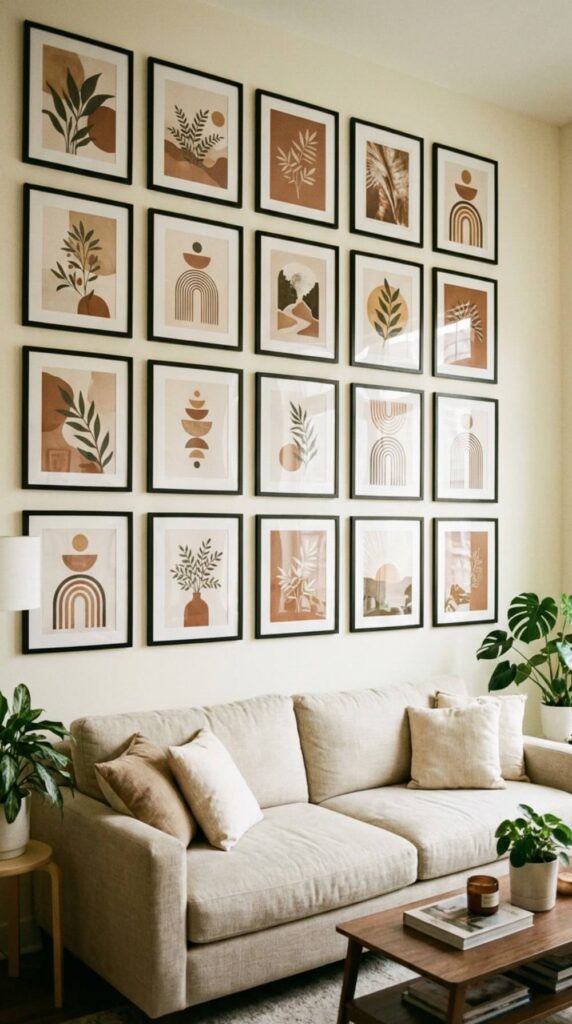 Galeria ścienna nad kanapą w symetrycznym układzie ramek na jasnej ścianie salonu.