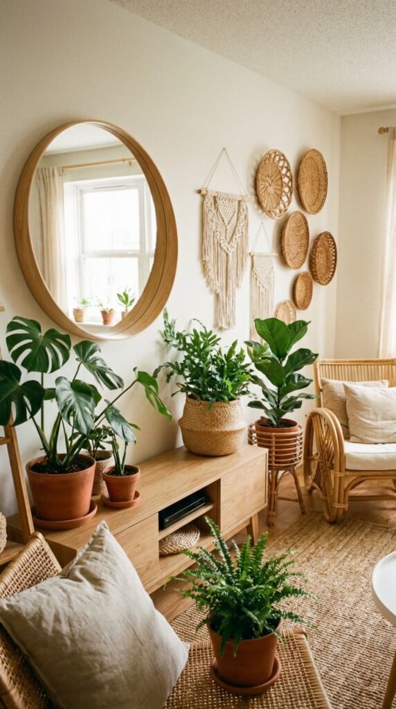 Ściana w salonie z lustrem, makramami i plecionymi dekoracjami w klimacie boho i scandi.