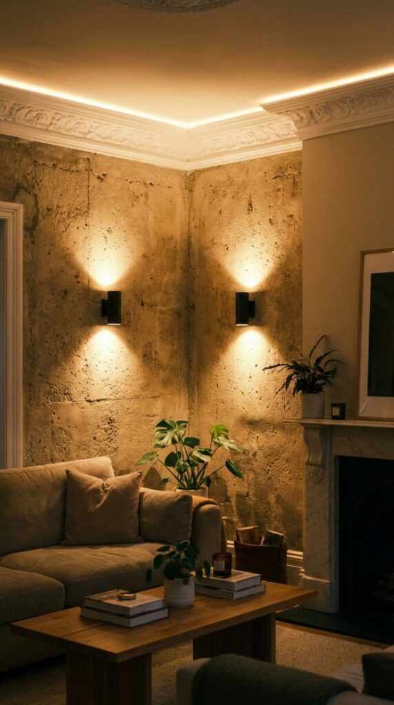 Ściana salonu z dekoracyjnym oświetleniem: kinkietami i taśmami LED podkreślającymi strukturę wykończenia.