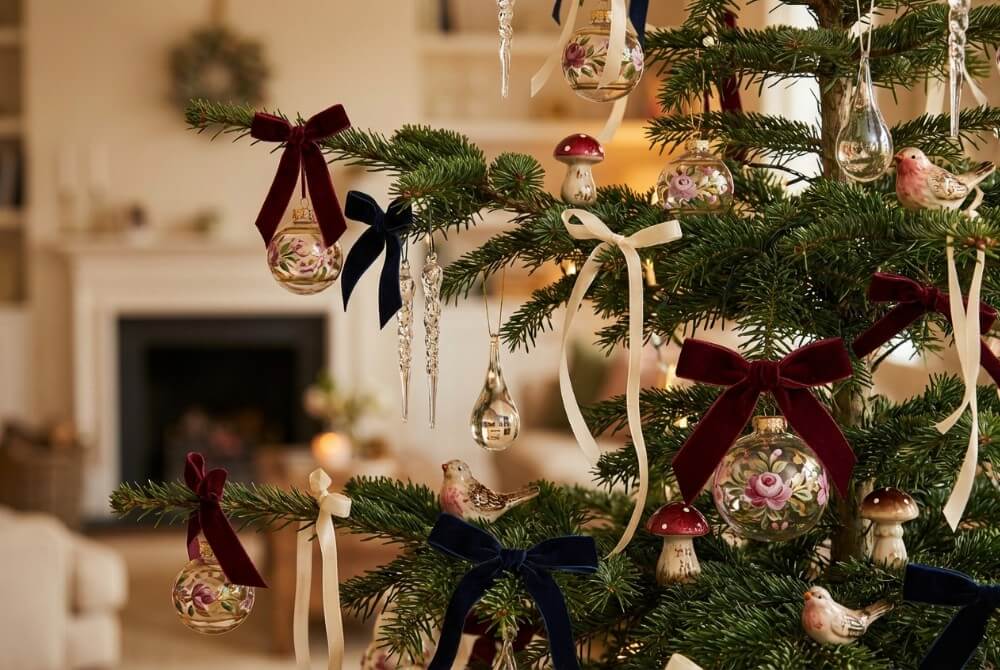 Zbliżenie na gałązki choinki z aksamitnymi kokardami, szklanymi bombkami i ozdobami vintage bez plastikowych łańcuchów.
