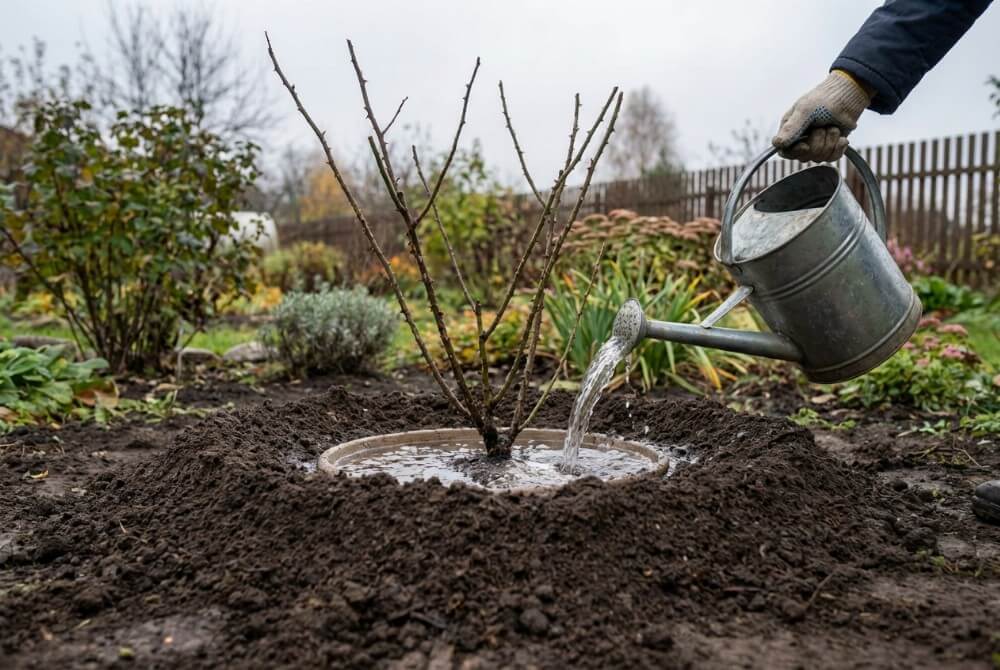 Świeżo przesadzona róża z uformowanym kopczykiem ziemi jest obficie podlewana w ogrodzie.