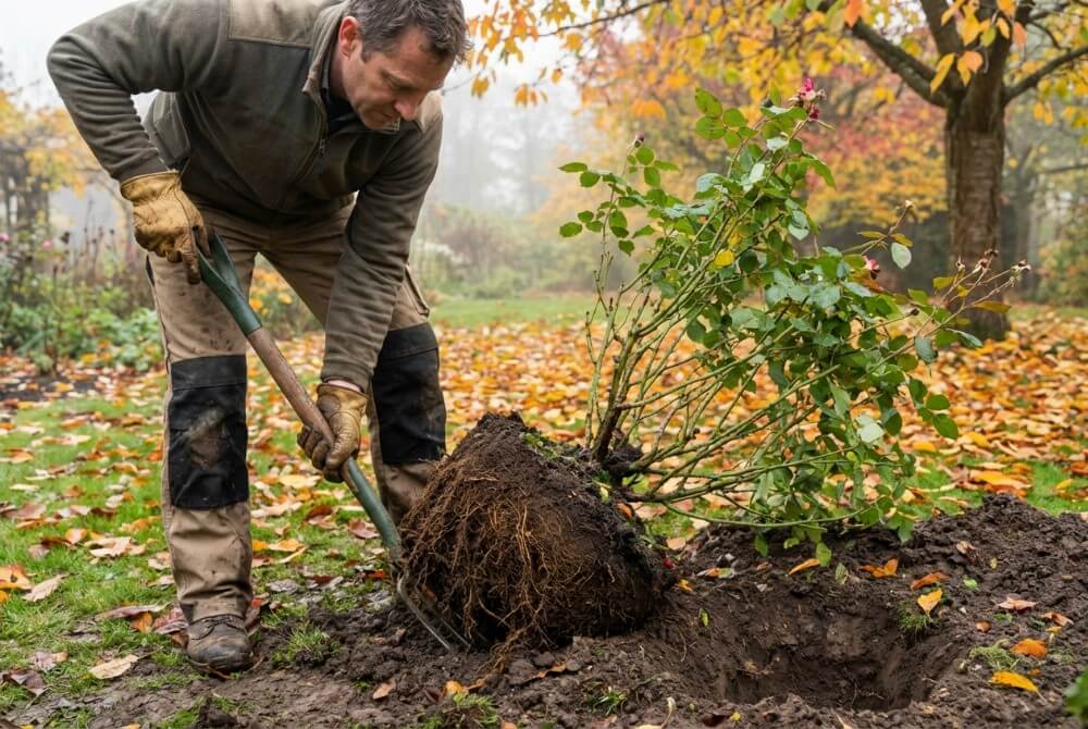 Ogrodnik wykopuje różę z dużą bryłą ziemi podczas jesiennego przesadzania w ogrodzie