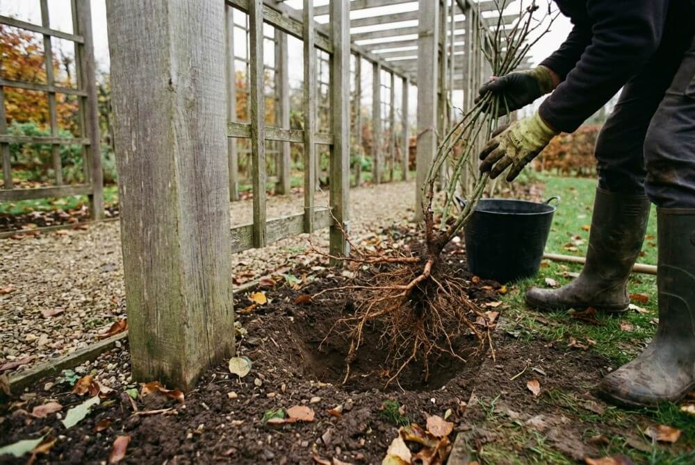 Sadzonka róży pnącej z gołym korzeniem sadzona w dołku obok pergoli w ogrodzie.