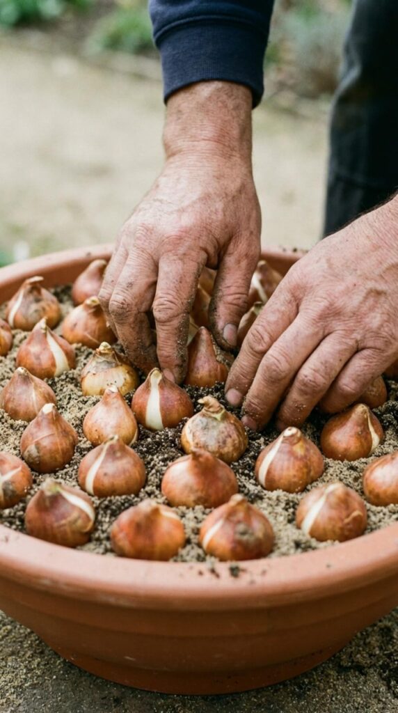 Ręce ogrodnika sadzące gęsto cebule tulipanów w niskiej donicy z ziemią i piaskiem.