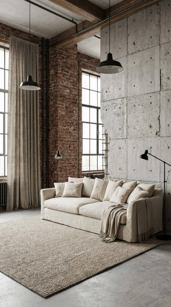 Industrialny salon w stylu loftowym z czerwoną cegłą na ścianie i płytami z betonu architektonicznego o surowej fakturze.