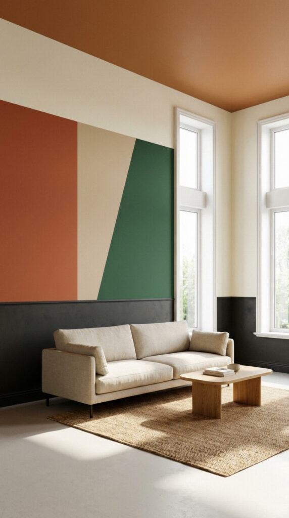 Salon z geometrycznym color blockingiem na ścianie, lamperią i malowanym sufitem w ciepłych kolorach, nowoczesne wnętrze bez ludzi.