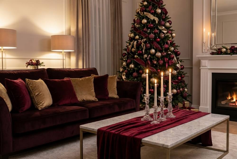 Luksusowy świąteczny salon w stylu glamour z dekoracjami w kolorach burgundu i starego złota.