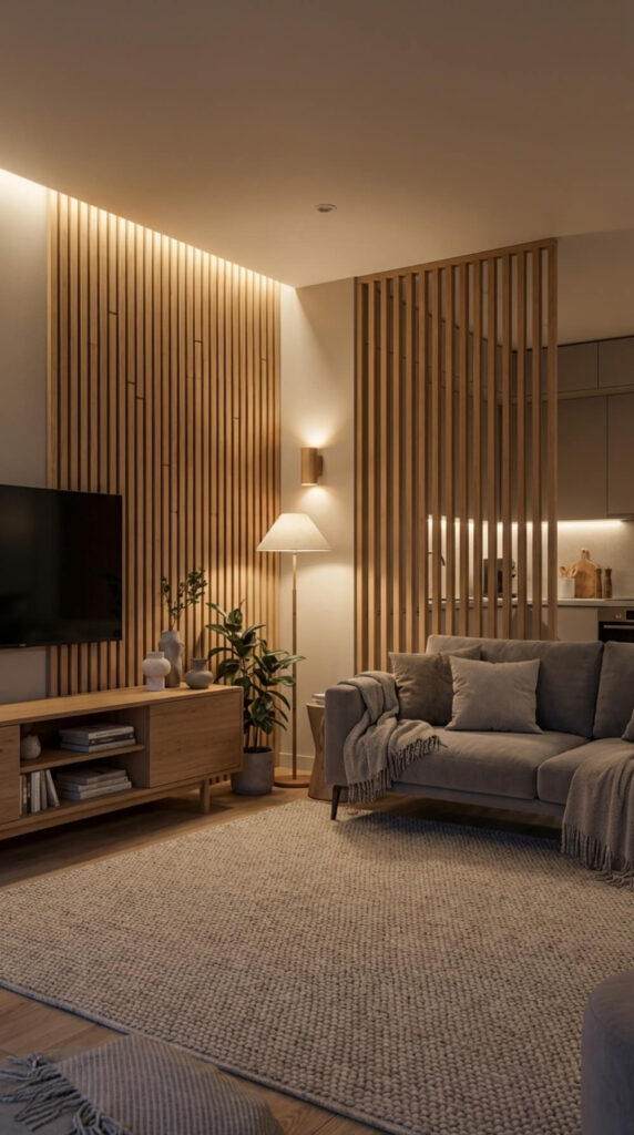 Nowoczesny salon z pionowymi lamelami drewnianymi na fragmencie ściany i ażurową ścianką oddzielającą aneks kuchenny.