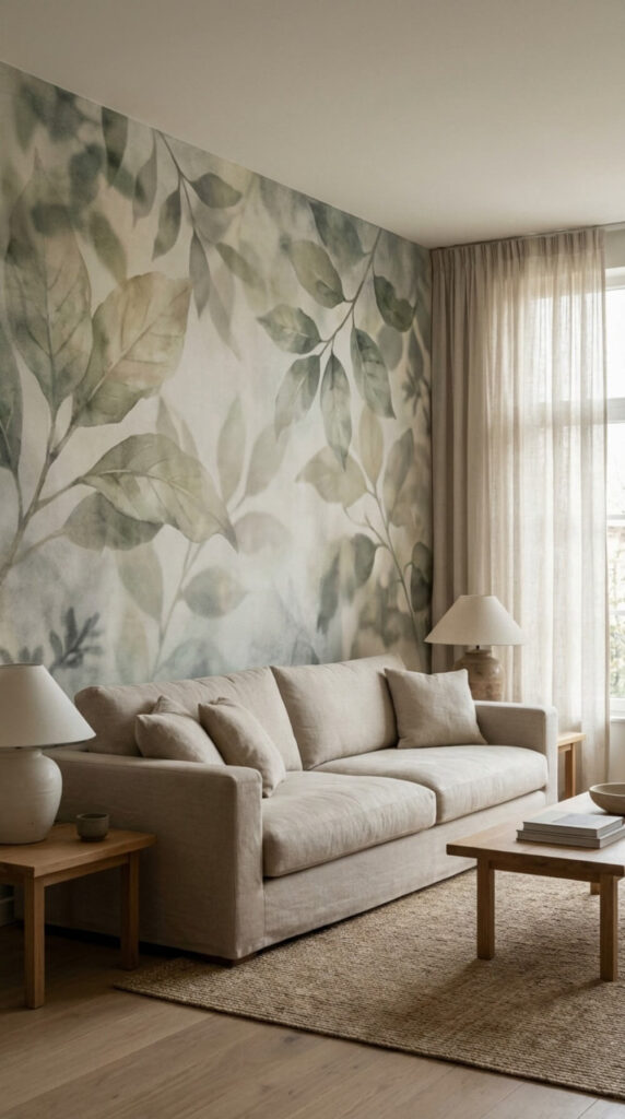 Salon z jasną sofą na tle wielkoformatowego muralu botanicznego w stylu vintage na całej ścianie.