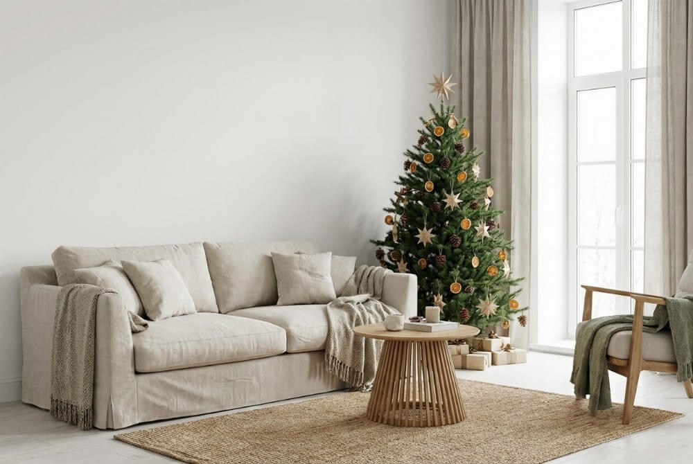 Skandynawski, eco salon świąteczny z naturalną choinką ozdobioną suszonymi pomarańczami i papierowymi dekoracjami.