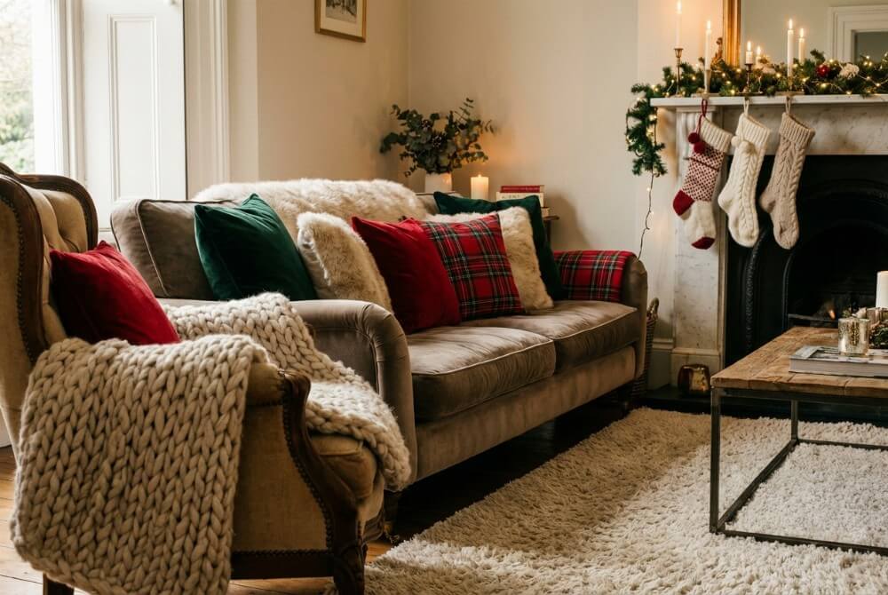 Przytulny świąteczny kącik wypoczynkowy z miękkimi tekstyliami, kocami, poduszkami w kratę i dywanem typu shaggy.