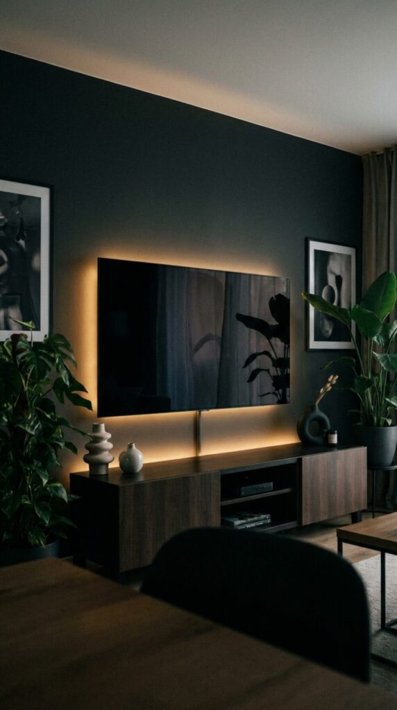 Ciemna ściana telewizyjna w salonie z grafitową farbą, na której telewizor jest mniej widoczny.