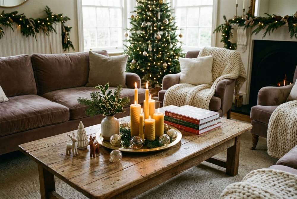 Świąteczny stolik kawowy z dekoracją na ozdobnej tacy, świecami, gałązką iglastą, bombkami i figurkami.