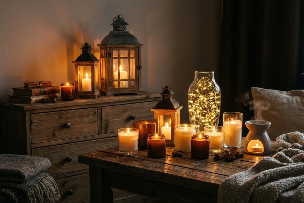 Nastrojowa świąteczna aranżacja z zapalonymi świecami, lampionami i girlandą świetlną w wazonie.