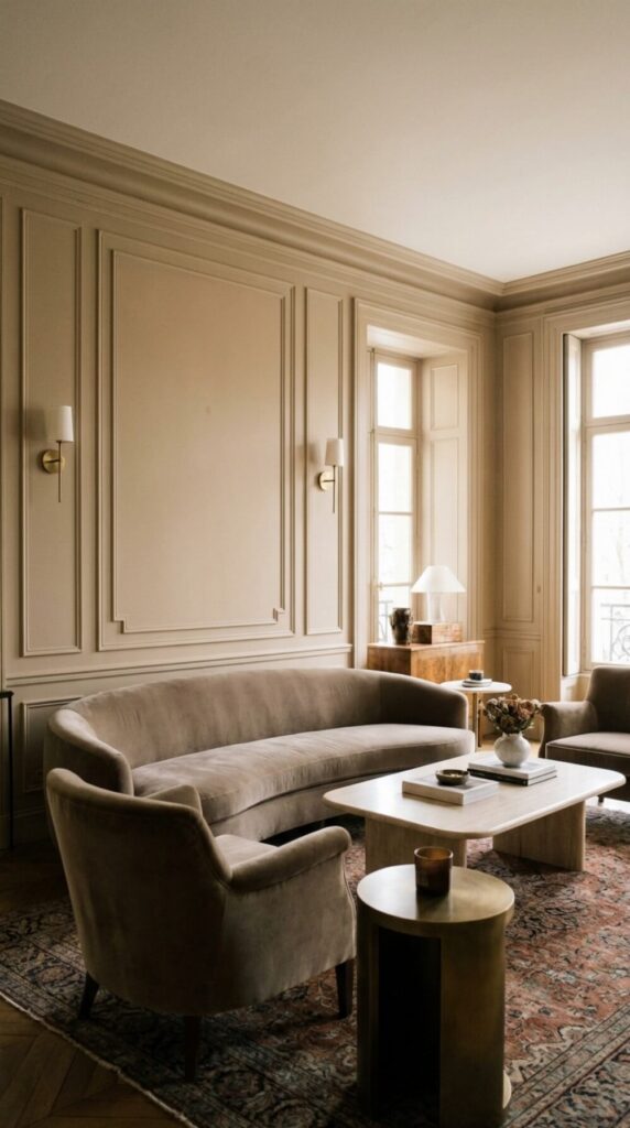 Nowoczesny salon z dekoracyjną sztukaterią w kolorze ścian, podkreślającą proporcje i elegancję wnętrza.